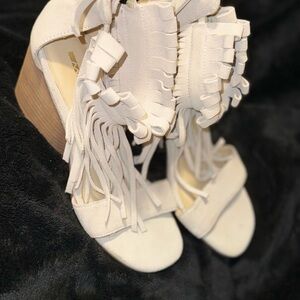 Matiko Cream Fringe Block Heel Sandals